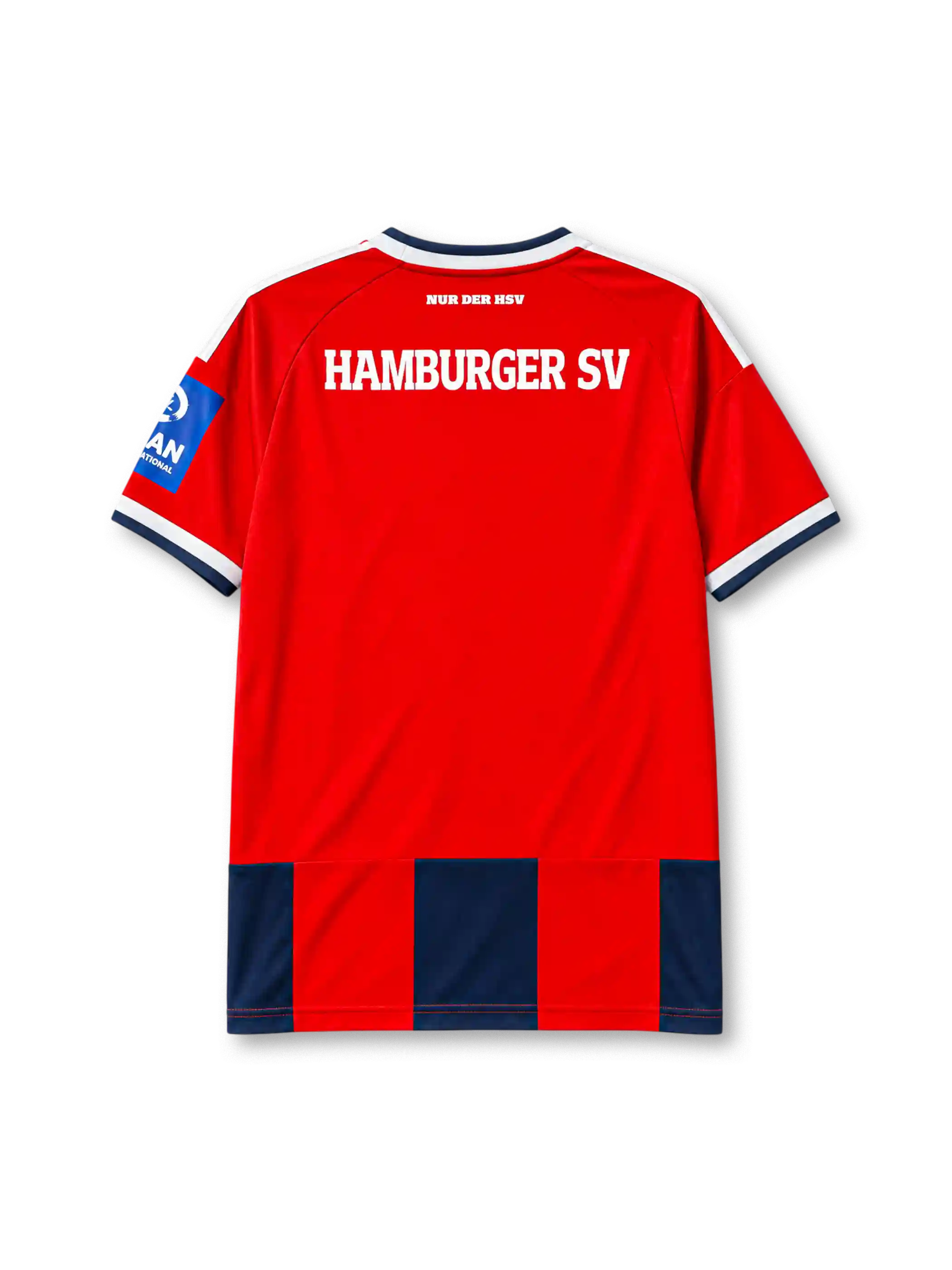 ハンブルガーSV 2026-27 サード ユニフォーム 赤と濃紺の縦縞 白の3本ラインとHanseMerkurロゴ入り