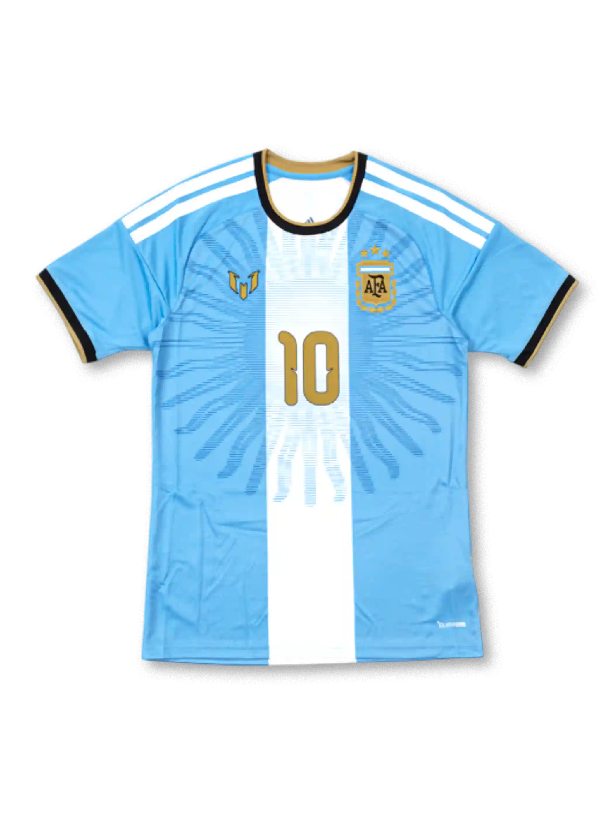 2026 アルゼンチン代表 メッシ引退記念 スペシャルエディション 五月の太陽の放射状ラインと金色の10番、メッシのロゴが入ったスカイブルーのジャージ 表面