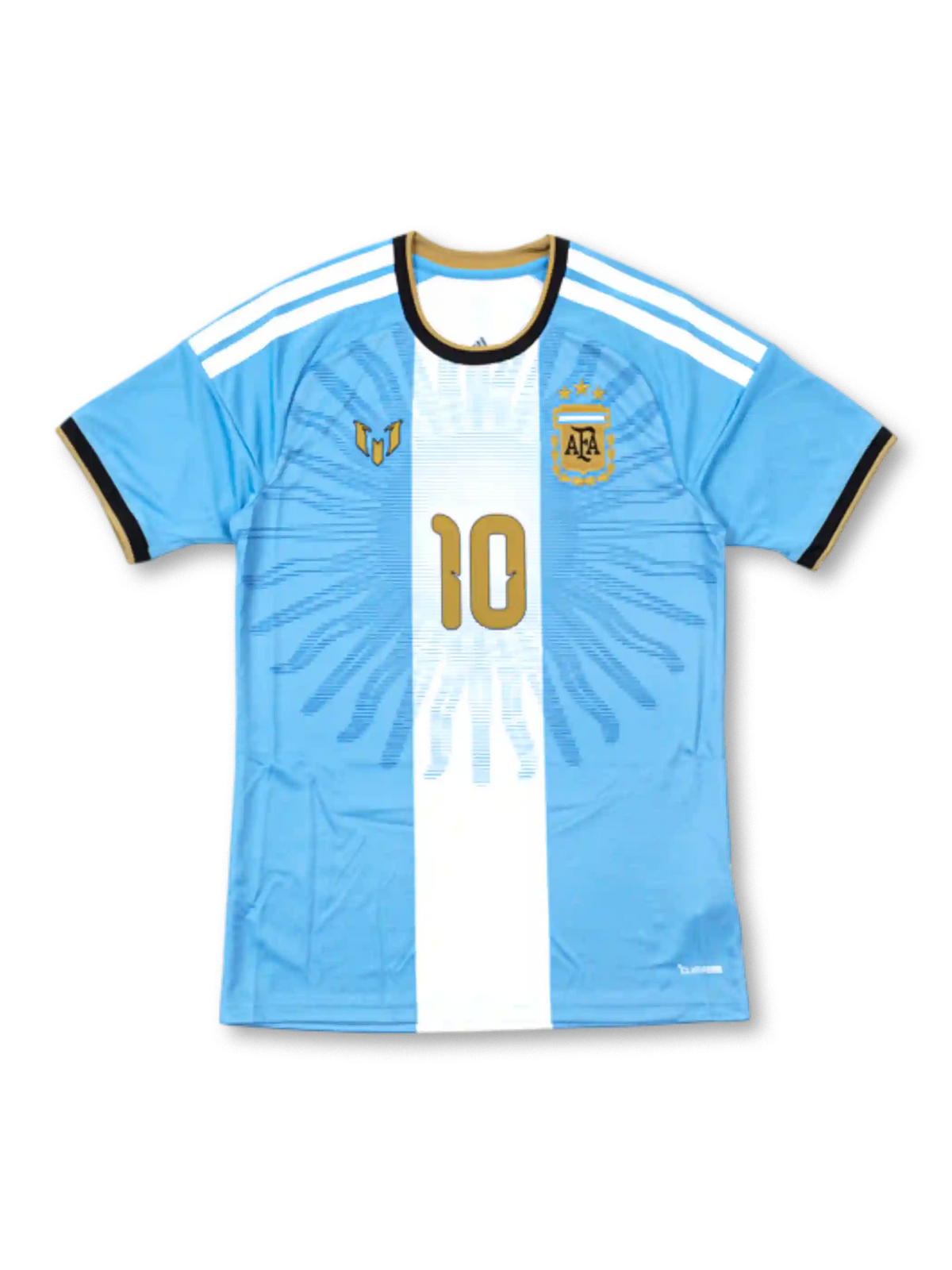 2026 アルゼンチン代表 メッシ引退記念 スペシャルエディション 五月の太陽の放射状ラインと金色の10番、メッシのロゴが入ったスカイブルーのジャージ 表面