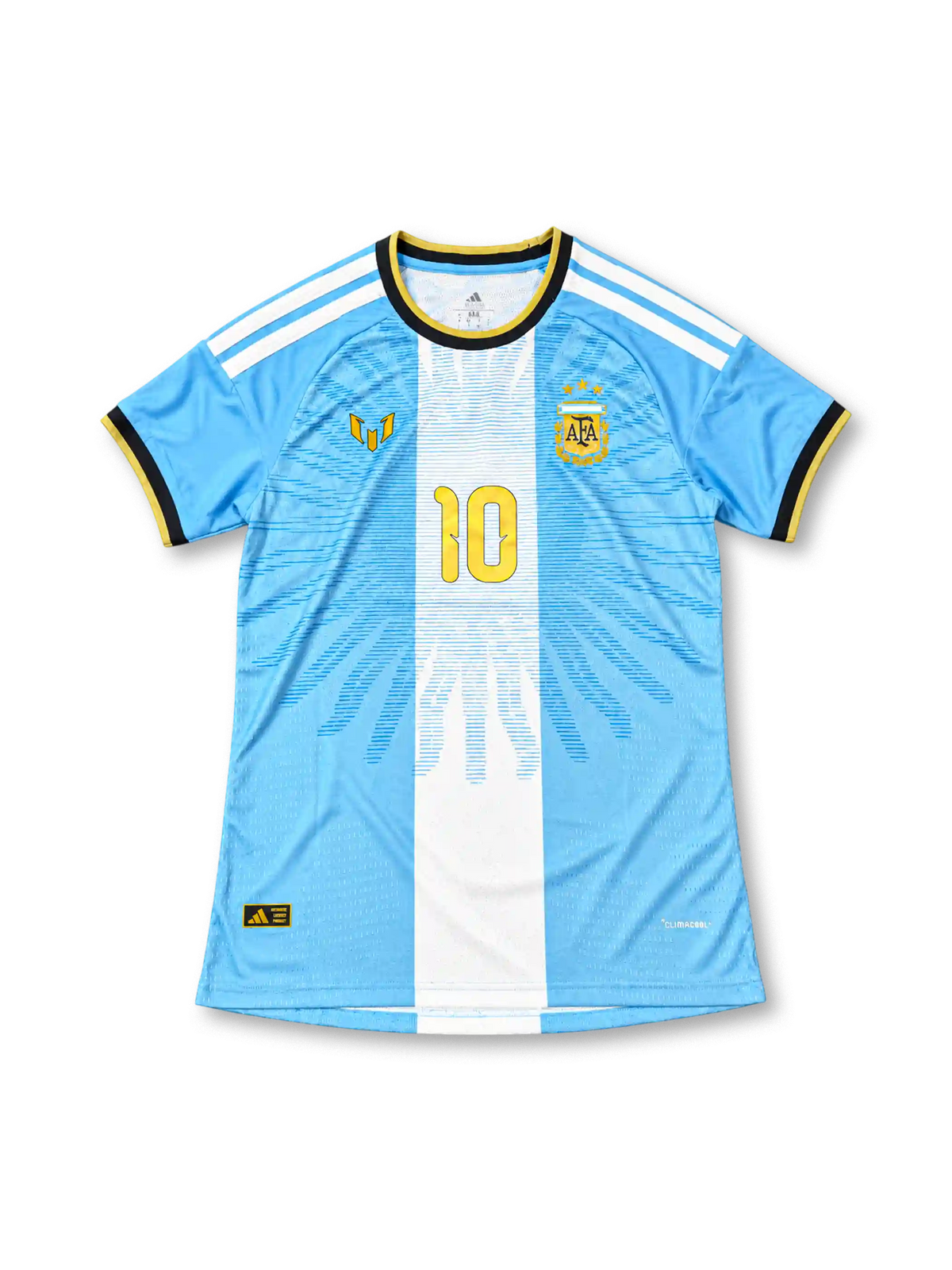 アルゼンチン代表 2026 メッシ 引退記念ユニフォーム 選手用 水色 白のセンターバンド 5月の太陽 金色のMロゴ 10番 アディダス製