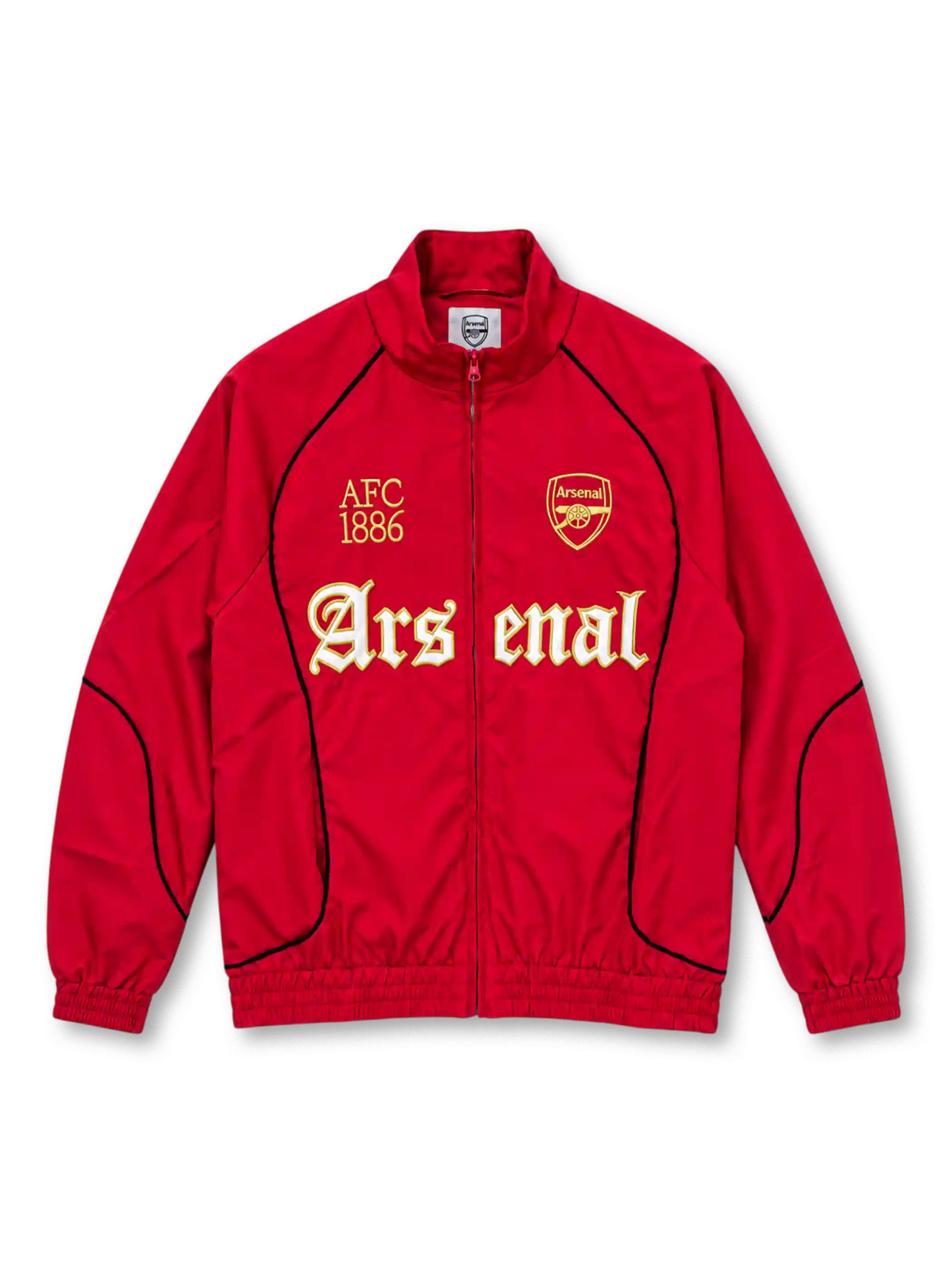 アーセナル グラフィック モックネックジャケット レッド ゴシック体のArsenalロゴ AFC 1886の刺繍 金色のクラブエンブレム