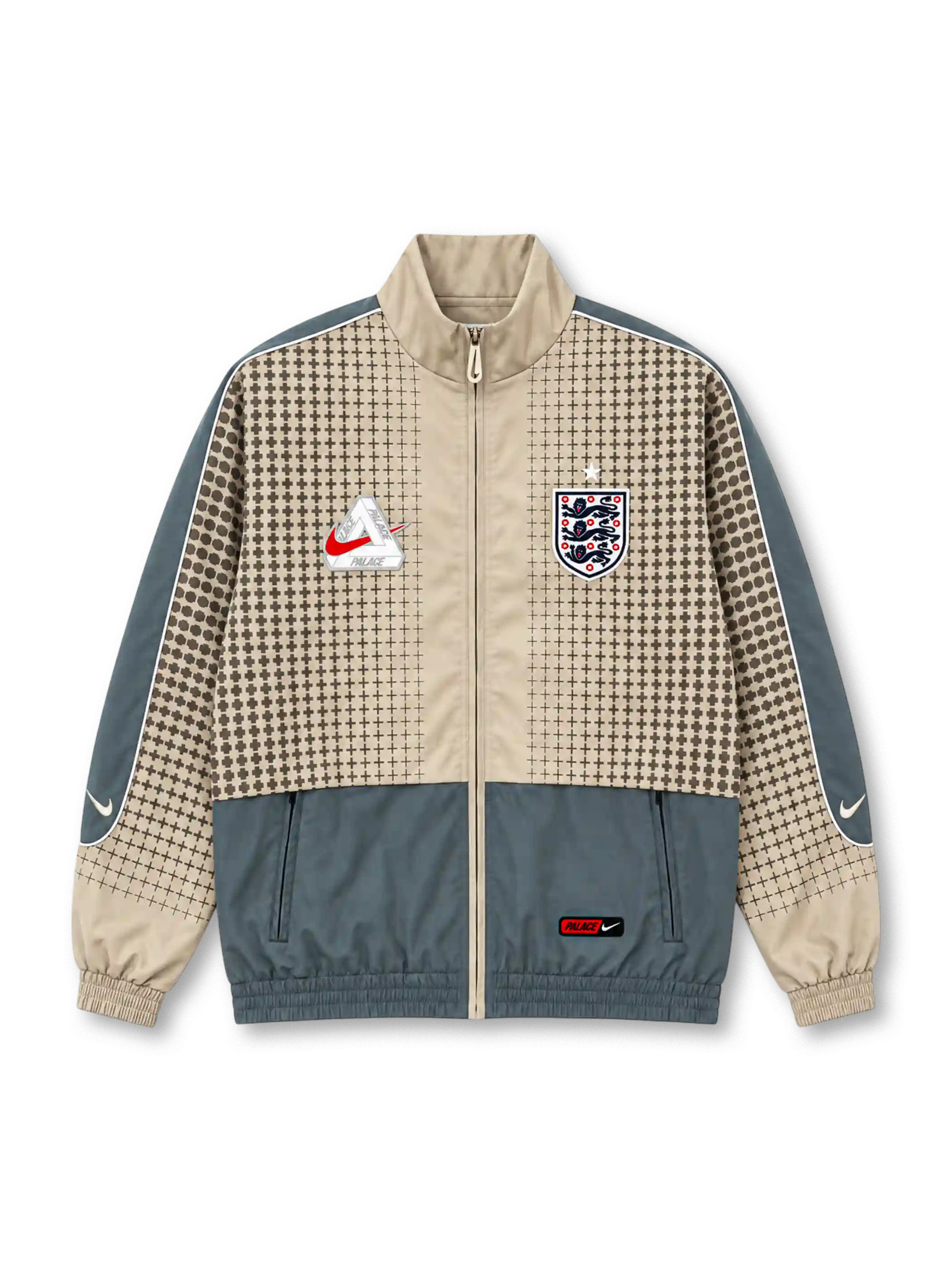 イングランド代表 2026 ナイキ×パレス トラックジャケット ベージュ 十字のグラフィック グレーのパネル スリーライオンズのエンブレム