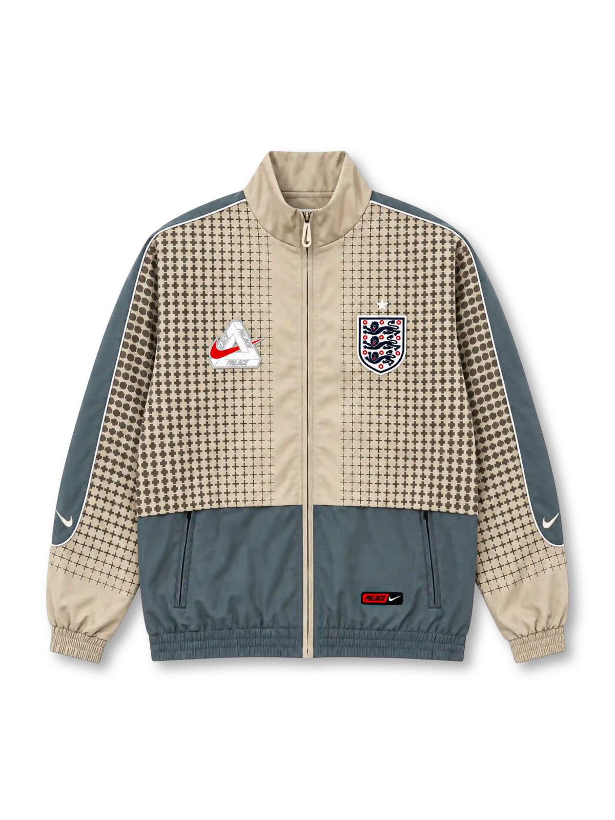 イングランド代表 2026 ナイキ×パレス トラックジャケット ベージュ 十字のグラフィック グレーのパネル スリーライオンズのエンブレム