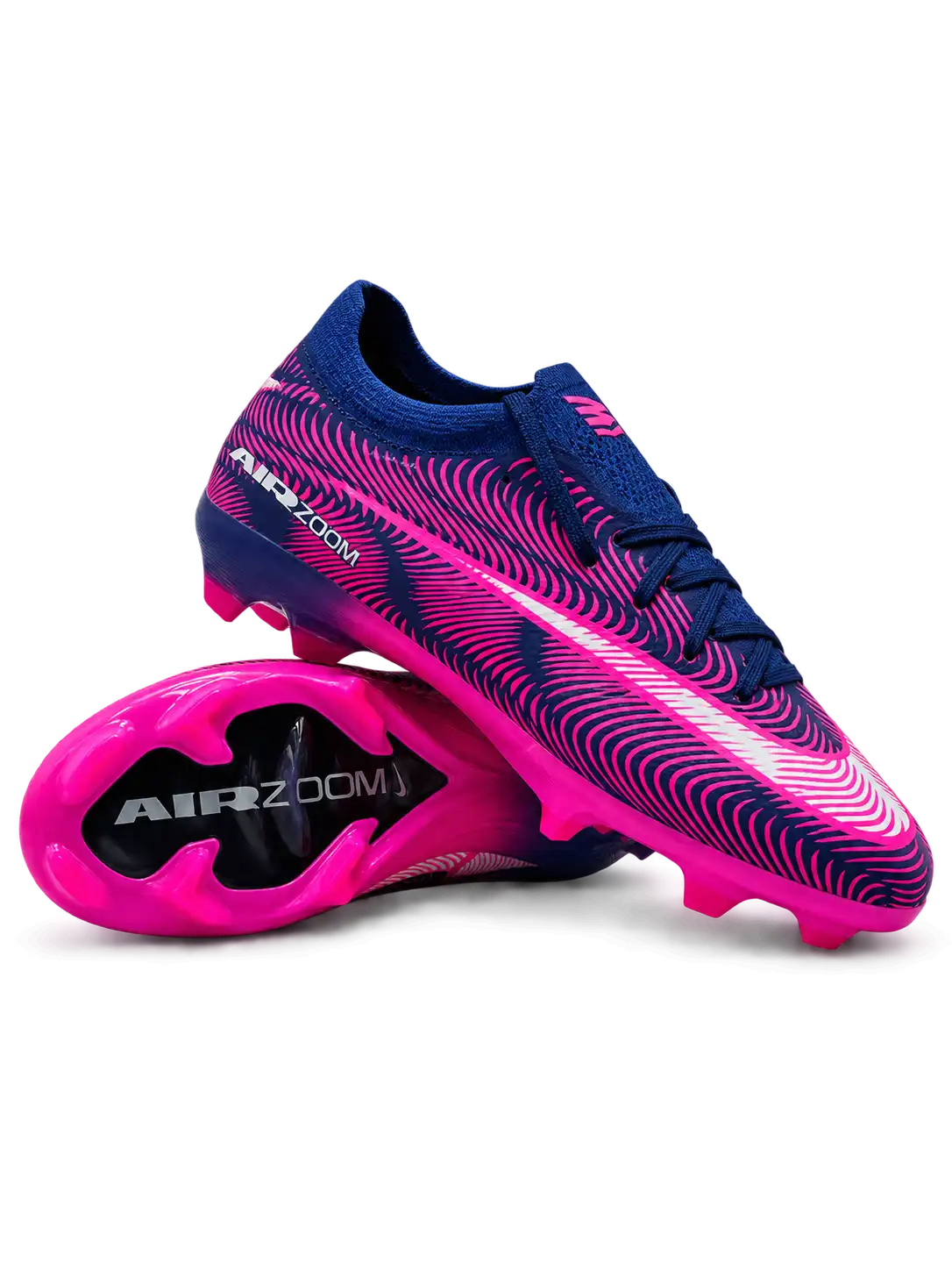 Nike Mercurial/マーキュリアル ネイビー×ピンクのFGサッカースパイク。曲線グラフィックを配したアッパーとピンクのアウトソールを組み合わせた側面デザイン