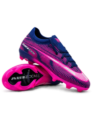 Nike Mercurial/マーキュリアル ネイビー×ピンクのFGサッカースパイク。曲線グラフィックを配したアッパーとピンクのアウトソールを組み合わせた側面デザイン