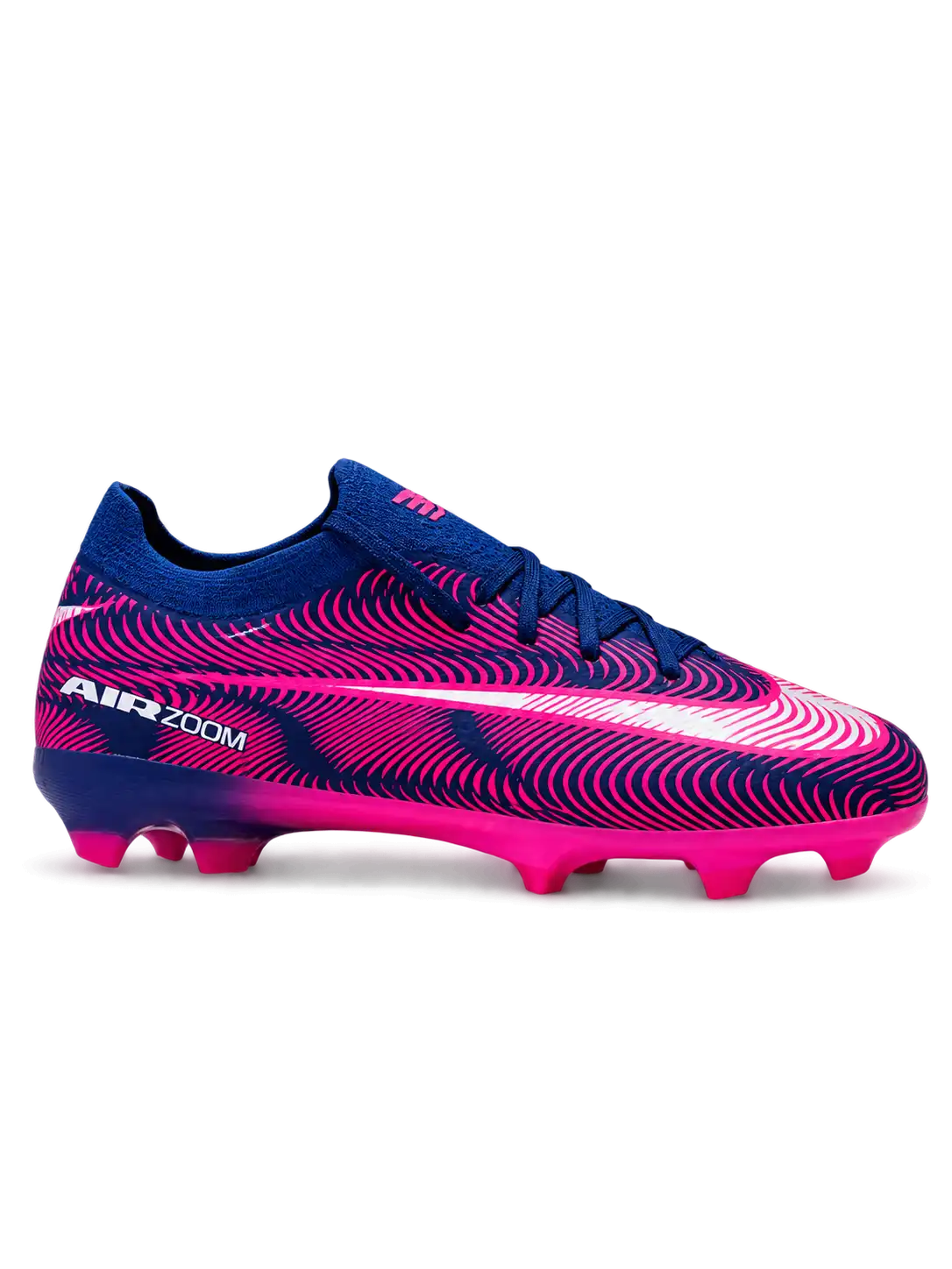 Nike Mercurial/マーキュリアル ネイビー×ピンクのFGサッカースパイク。曲線グラフィックを配したアッパーとピンクのアウトソールを組み合わせた側面デザイン