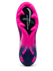 Nike Mercurial/マーキュリアル ネイビー×ピンクのFGサッカースパイク。曲線グラフィックを配したアッパーとピンクのアウトソールを組み合わせた側面デザイン