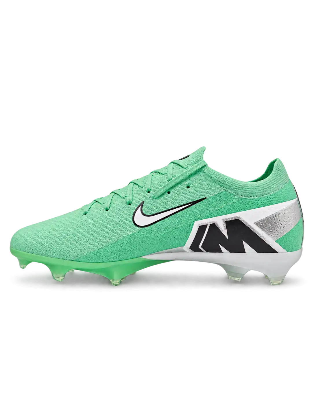 Nike Mercurial/マーキュリアル FG ミントグリーンのサッカースパイク、黒縁のホワイトスウッシュを配した側面と半透明グリーンのソール面