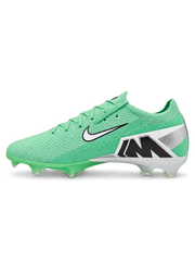 Nike Mercurial/マーキュリアル FG ミントグリーンのサッカースパイク、黒縁のホワイトスウッシュを配した側面と半透明グリーンのソール面