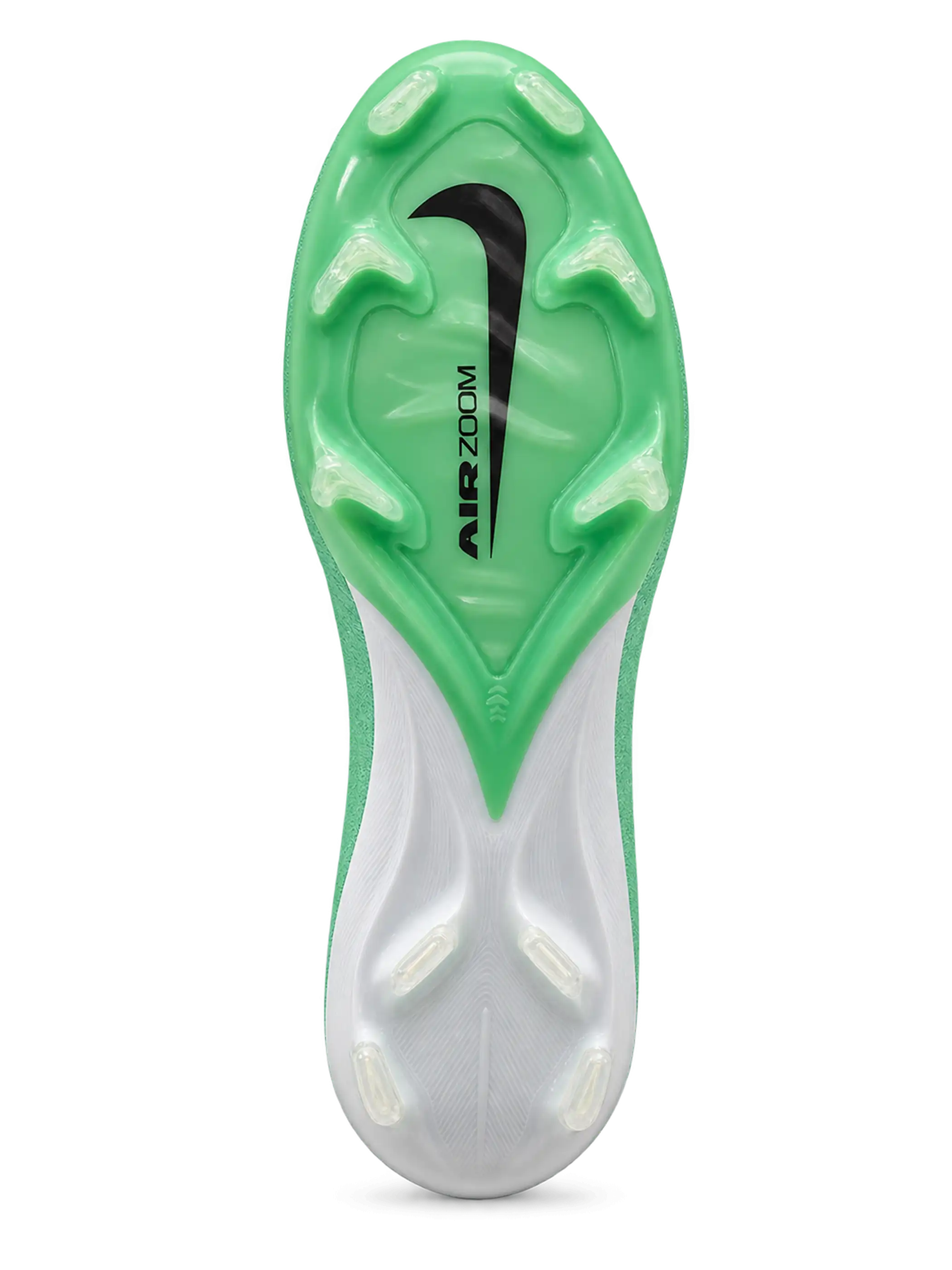 Nike Mercurial/マーキュリアル FG ミントグリーンのサッカースパイク、黒縁のホワイトスウッシュを配した側面と半透明グリーンのソール面