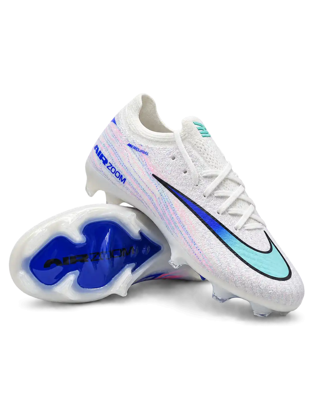 Nike Mercurial/マーキュリアル Vapor 15/ヴェイパー 15 Elite FG ホワイトのサッカースパイク、ピンクとブルーのラインとグラデーションのスウッシュ、ブルーのAIR ZOOMソール面