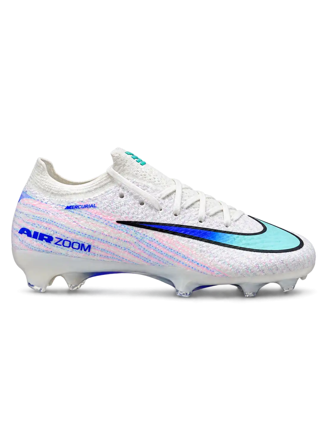 Nike Mercurial/マーキュリアル Vapor 15/ヴェイパー 15 Elite FG ホワイトのサッカースパイク、ピンクとブルーのラインとグラデーションのスウッシュ、ブルーのAIR ZOOMソール面