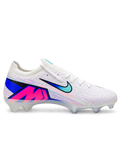 Nike Mercurial/マーキュリアル Vapor 15/ヴェイパー 15 Elite FG ホワイトのサッカースパイク、ピンクとブルーのラインとグラデーションのスウッシュ、ブルーのAIR ZOOMソール面