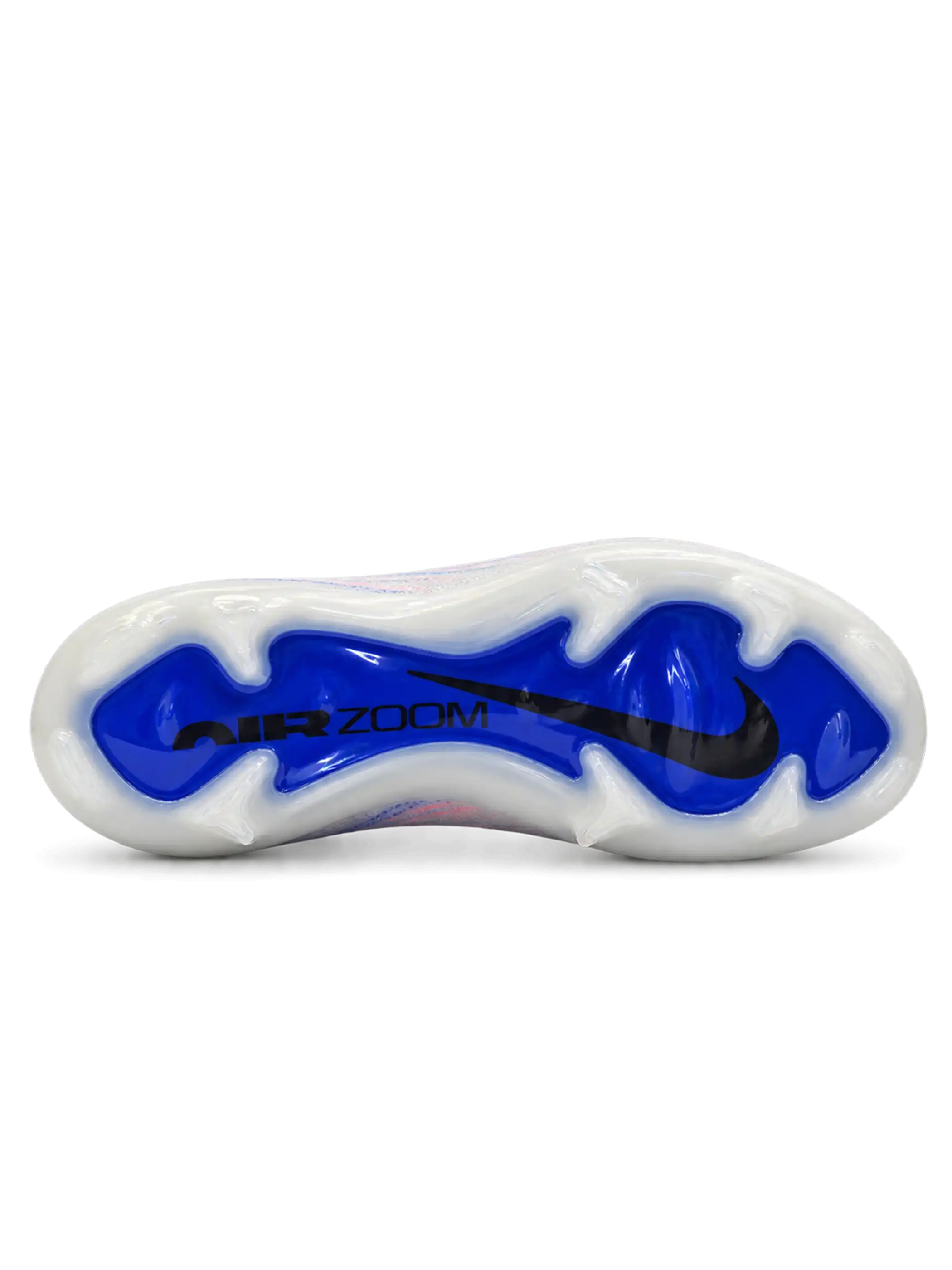 Nike Mercurial/マーキュリアル Vapor 15/ヴェイパー 15 Elite FG ホワイトのサッカースパイク、ピンクとブルーのラインとグラデーションのスウッシュ、ブルーのAIR ZOOMソール面