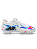 Nike Mercurial/マーキュリアル FG ホワイトのサッカースパイク、カラフルなスプラッシュ柄とブルー縁取りのスウッシュ、かかとのMロゴ