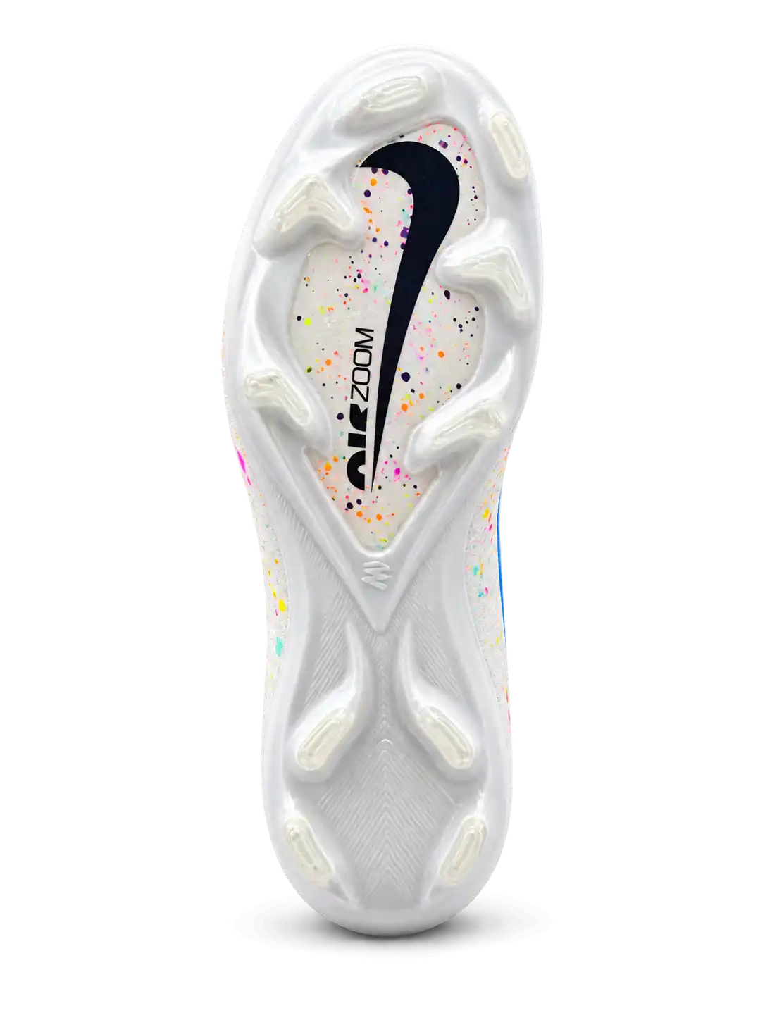 Nike Mercurial/マーキュリアル FG ホワイトのサッカースパイク、カラフルなスプラッシュ柄とブルー縁取りのスウッシュ、かかとのMロゴ