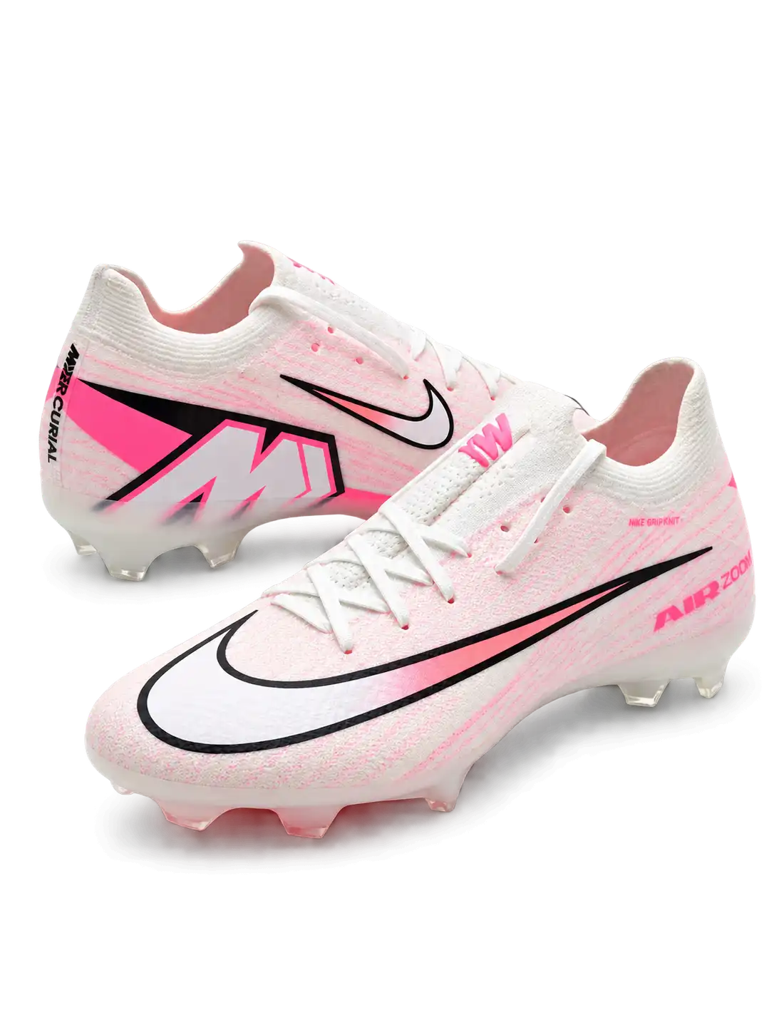 Nike Mercurial/マーキュリアル FG ホワイトとピンクのサッカースパイク、黒縁のホワイトスウッシュとかかとのMロゴ