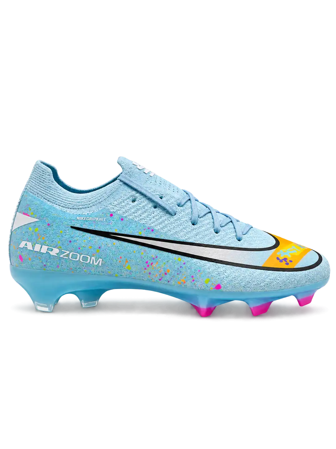 Nike Mercurial/マーキュリアル FG スカイブルーのサッカースパイク、カラフルなスプラッシュ柄とシルバーのスウッシュ、ピンクのスタッド