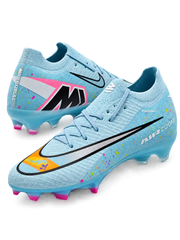 Nike Mercurial/マーキュリアル FG スカイブルーのサッカースパイク、カラフルなスプラッシュ柄とシルバーのスウッシュ、ピンクのスタッド