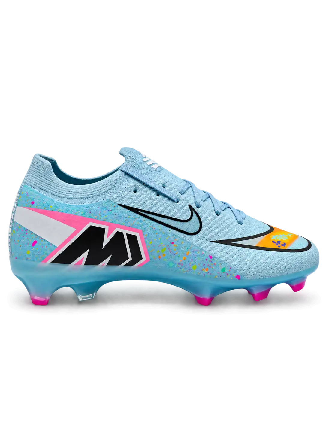 Nike Mercurial/マーキュリアル FG スカイブルーのサッカースパイク、カラフルなスプラッシュ柄とシルバーのスウッシュ、ピンクのスタッド