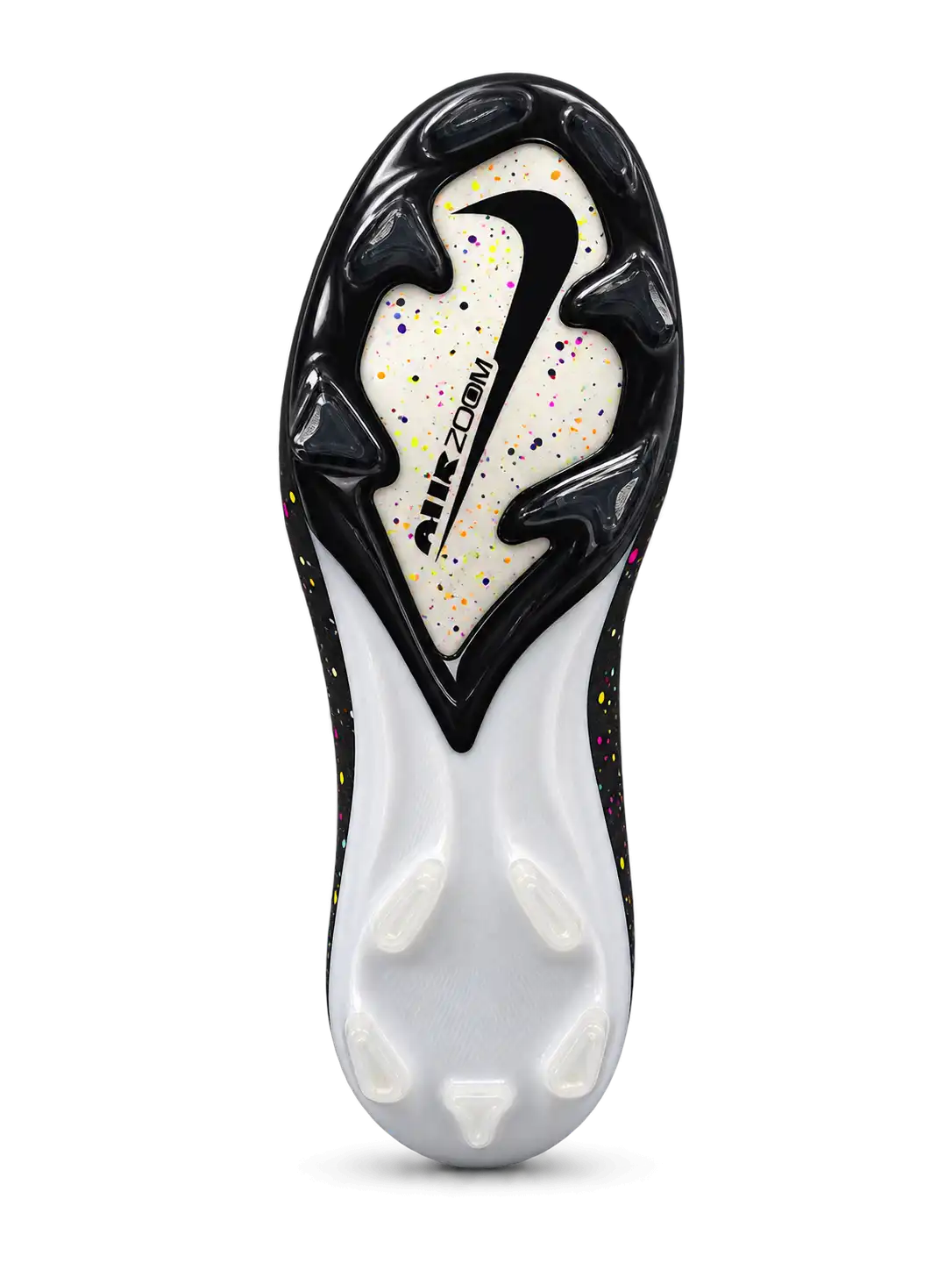 Nike Mercurial/マーキュリアル FG ブラックのサッカースパイク、カラフルなスプラッシュ柄とシルバーのスウッシュ、かかとのMロゴ