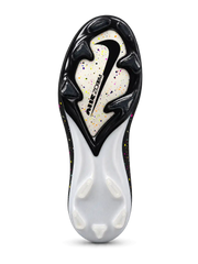Nike Mercurial/マーキュリアル FG ブラックのサッカースパイク、カラフルなスプラッシュ柄とシルバーのスウッシュ、かかとのMロゴ