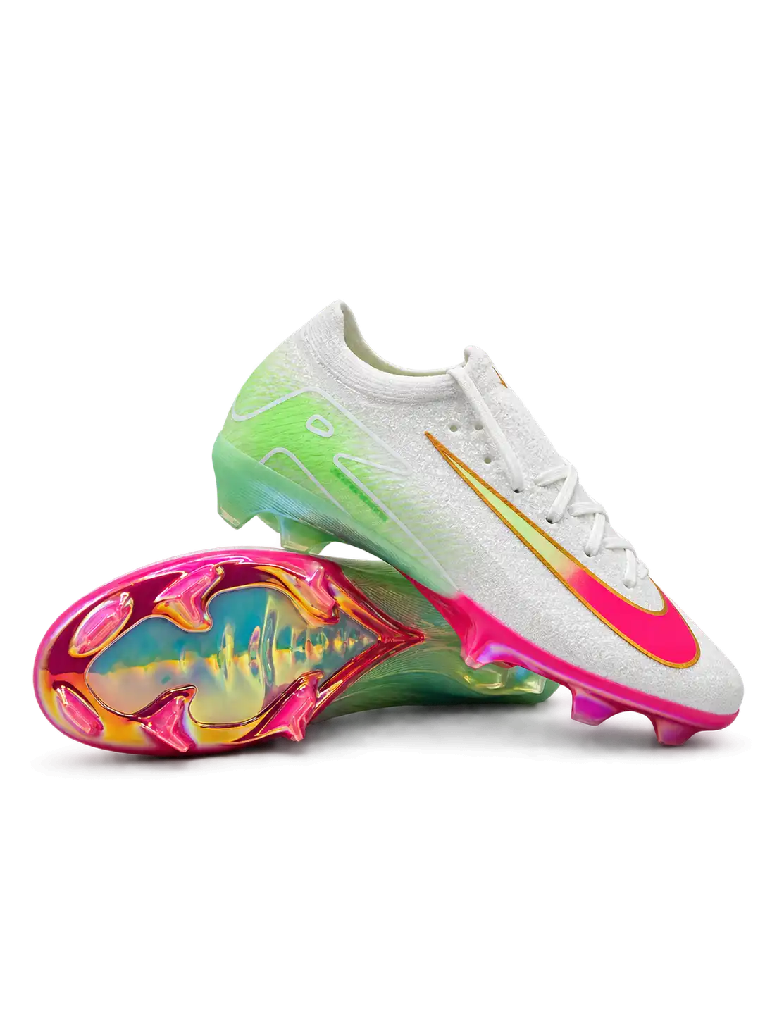 Nike Mercurial/マーキュリアル FG ホワイトとピンク、ライムグリーンのサッカースパイク、ゴールド縁取りのスウッシュと虹色のソールプレート
