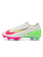 Nike Mercurial/マーキュリアル FG ホワイトとピンク、ライムグリーンのサッカースパイク、ゴールド縁取りのスウッシュと虹色のソールプレート