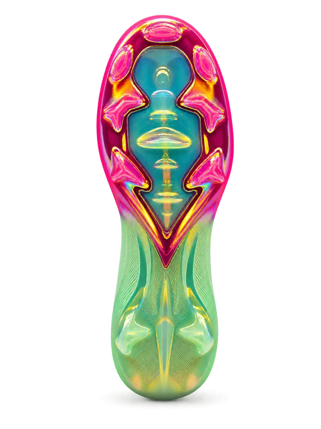 Nike Mercurial/マーキュリアル FG ホワイトとピンク、ライムグリーンのサッカースパイク、ゴールド縁取りのスウッシュと虹色のソールプレート