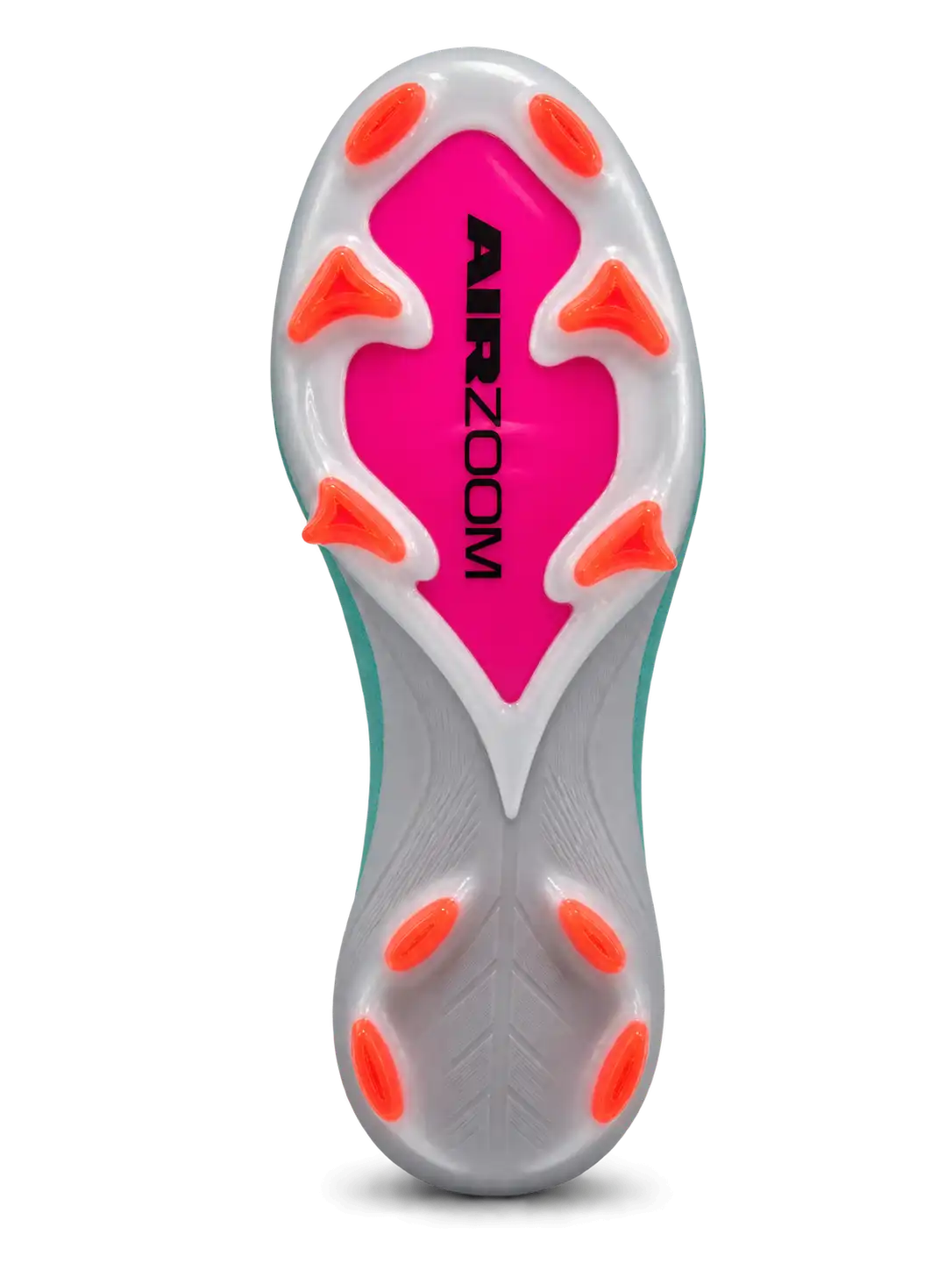 Nike Mercurial/マーキュリアル FG ターコイズのサッカースパイク、オレンジのスウッシュとピンクのAIR ZOOMソール面