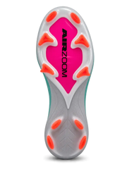Nike Mercurial/マーキュリアル FG ターコイズのサッカースパイク、オレンジのスウッシュとピンクのAIR ZOOMソール面