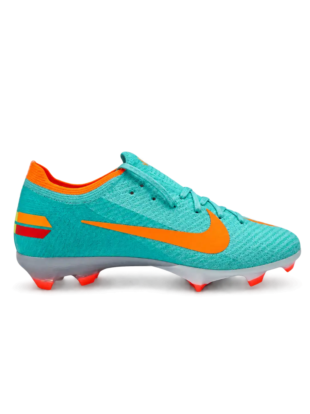 Nike Mercurial/マーキュリアル FG ターコイズのサッカースパイク、オレンジのスウッシュとピンクのAIR ZOOMソール面