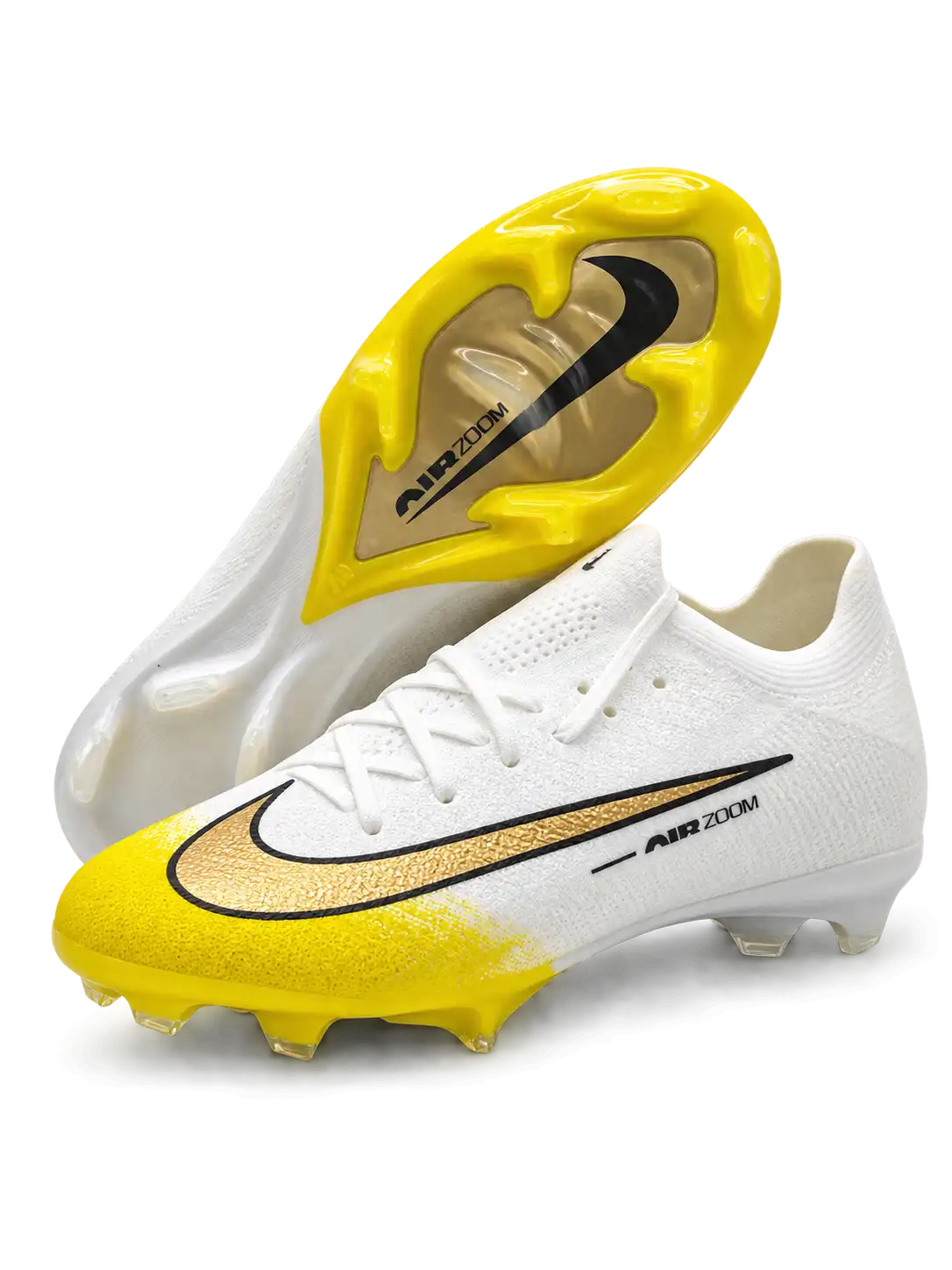 Nike Mercurial/マーキュリアル FG ホワイトとイエローのサッカースパイク、ゴールドのスウッシュとイエローのソールプレート