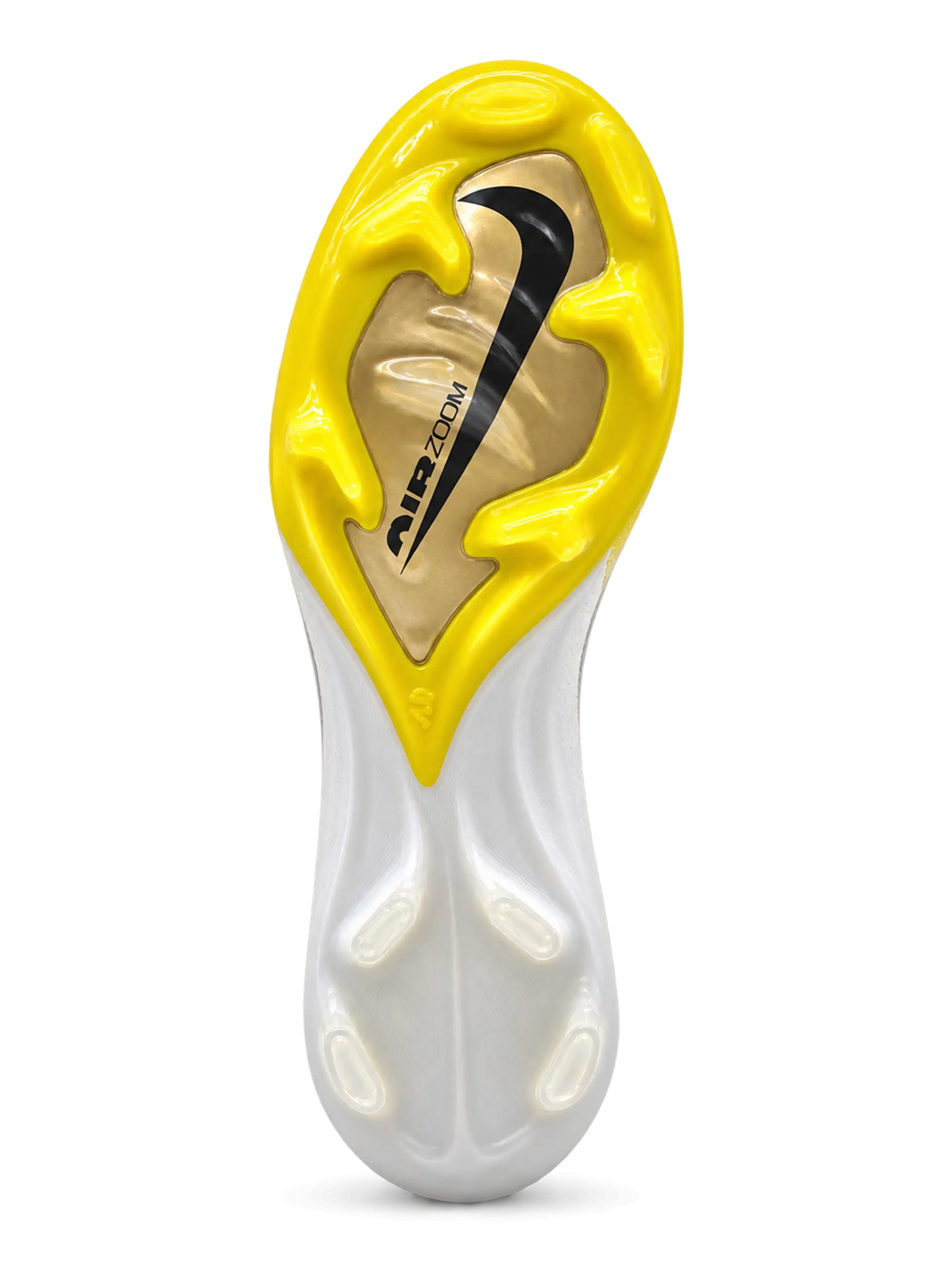 Nike Mercurial/マーキュリアル FG ホワイトとイエローのサッカースパイク、ゴールドのスウッシュとイエローのソールプレート
