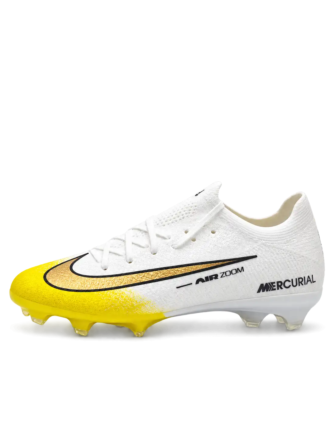 Nike Mercurial/マーキュリアル FG ホワイトとイエローのサッカースパイク、ゴールドのスウッシュとイエローのソールプレート