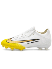 Nike Mercurial/マーキュリアル FG ホワイトとイエローのサッカースパイク、ゴールドのスウッシュとイエローのソールプレート
