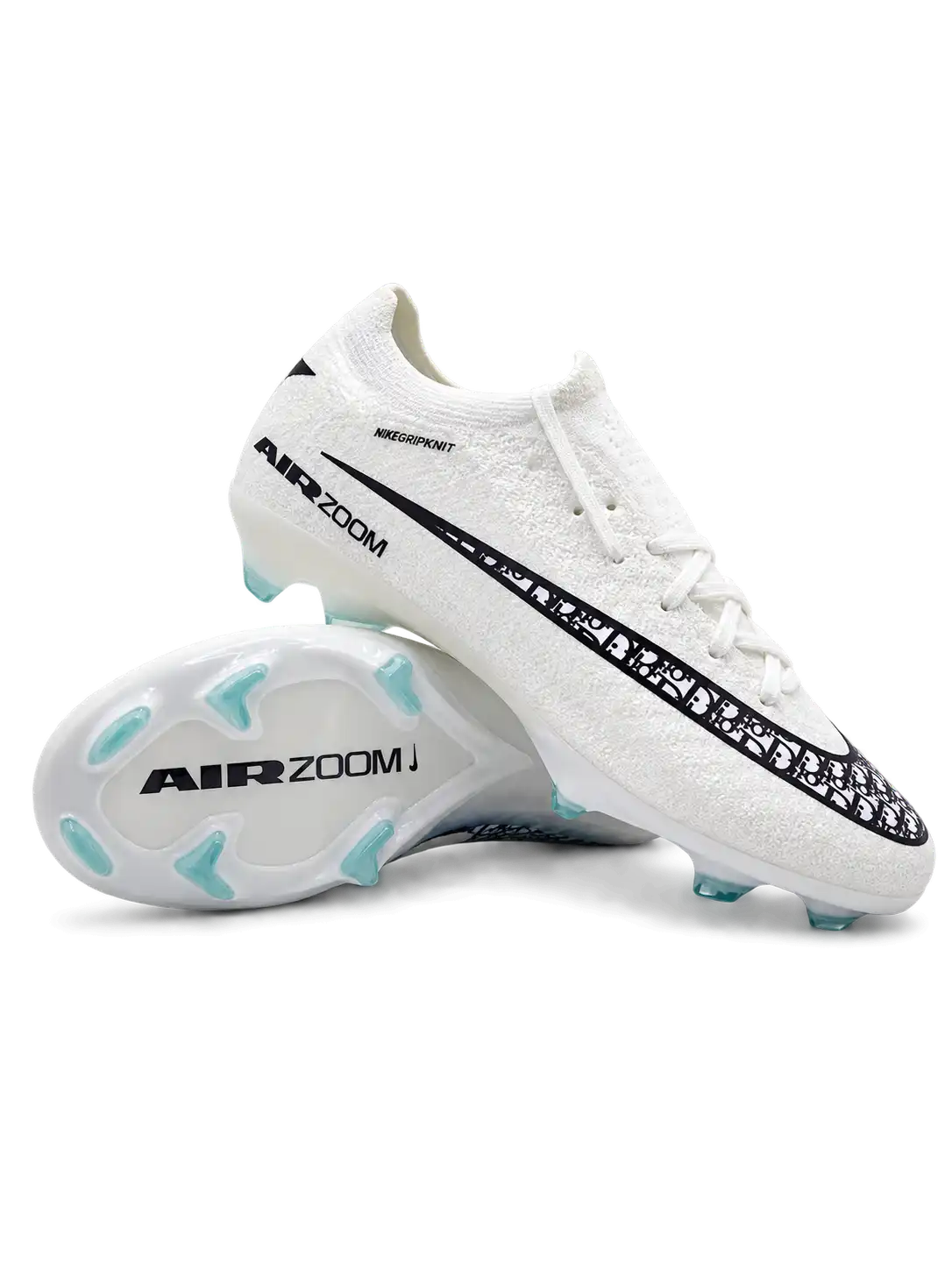 Nike Mercurial/マーキュリアル ホワイトのローカットサッカースパイク、ブラックのグラフィックスウッシュとミントグリーンのスタッド、AIR ZOOM表記入りアウトソール