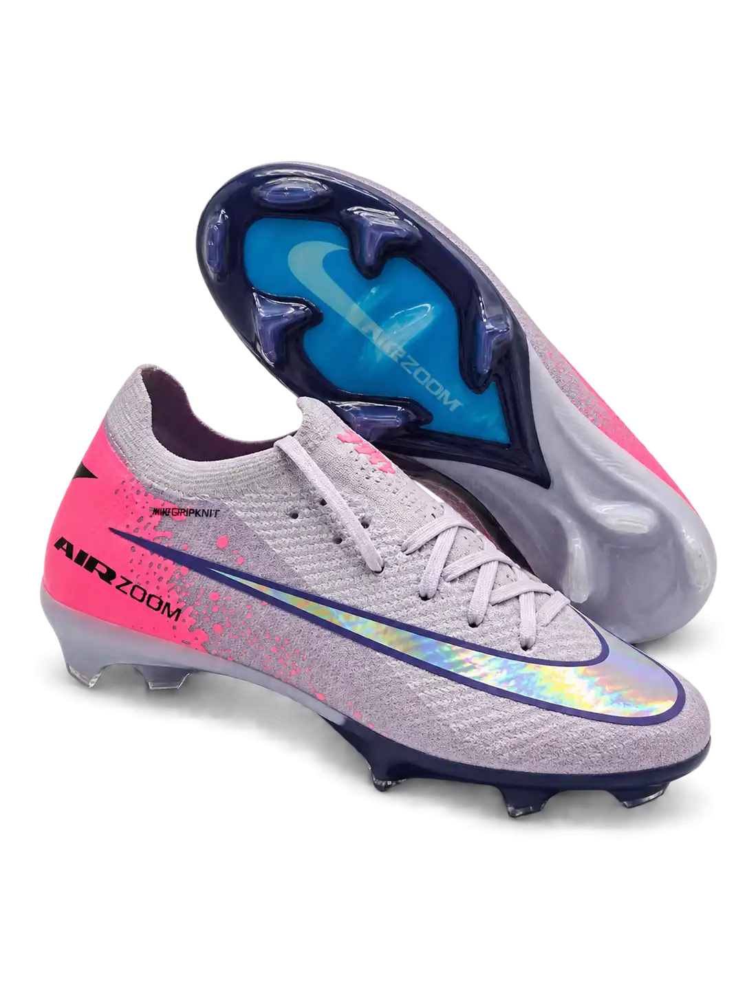 Nike Mercurial/マーキュリアル FG ライラックとピンクのサッカースパイク、虹色のスウッシュとブルーのAIR ZOOMソール面