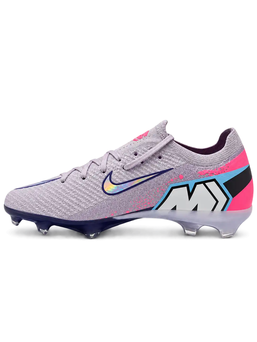 Nike Mercurial/マーキュリアル FG ライラックとピンクのサッカースパイク、虹色のスウッシュとブルーのAIR ZOOMソール面