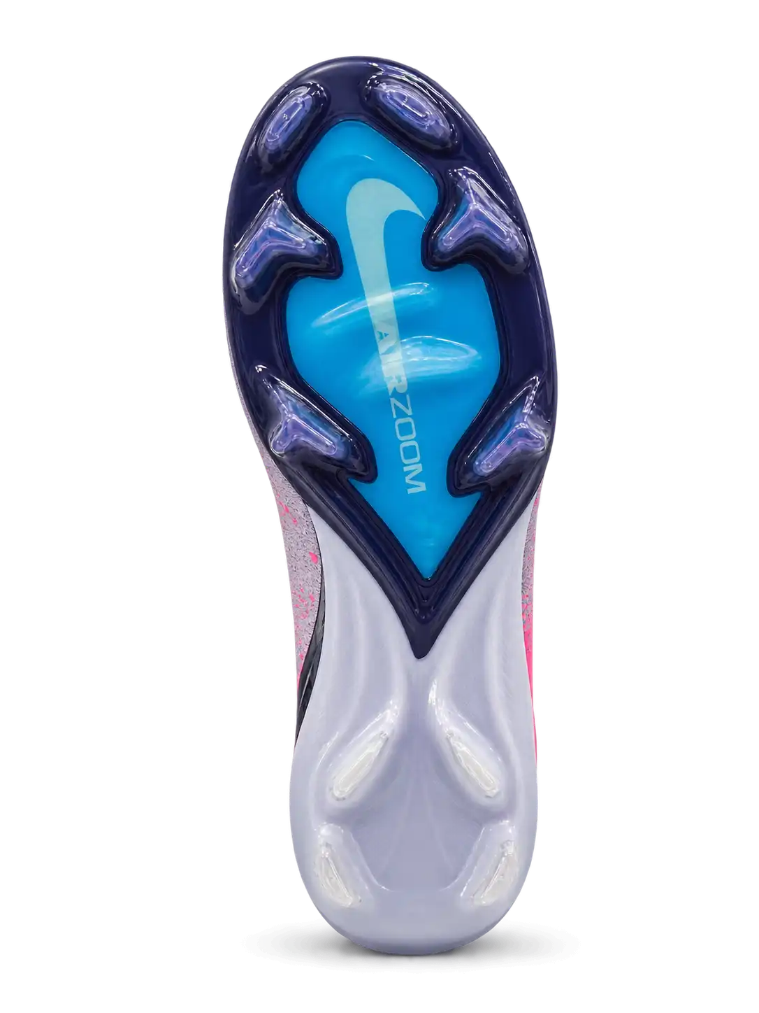 Nike Mercurial/マーキュリアル FG ライラックとピンクのサッカースパイク、虹色のスウッシュとブルーのAIR ZOOMソール面