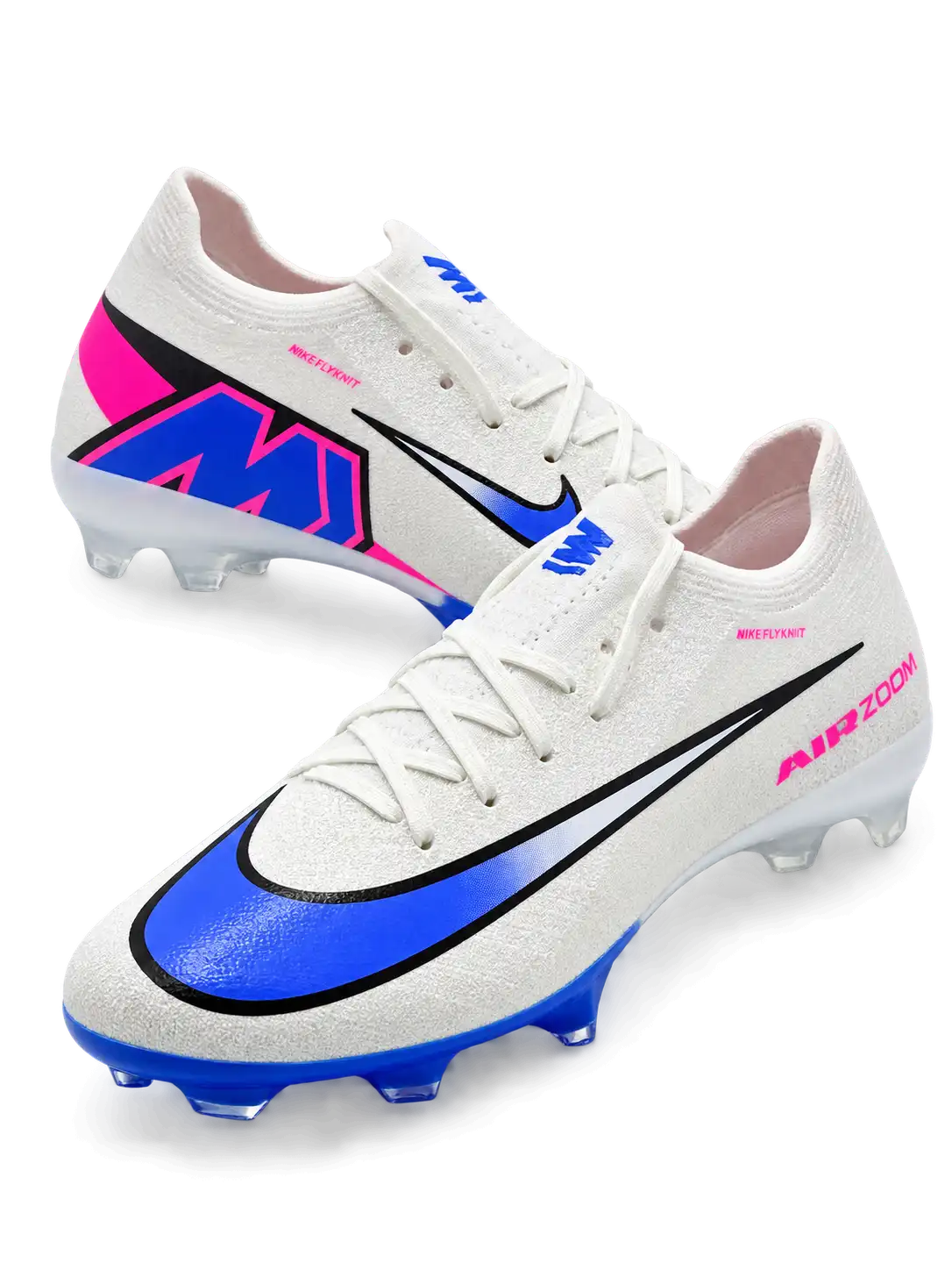 Nike Mercurial/マーキュリアル FG ホワイトのサッカースパイク、ブルーのグラデーションスウッシュとかかとのMロゴ