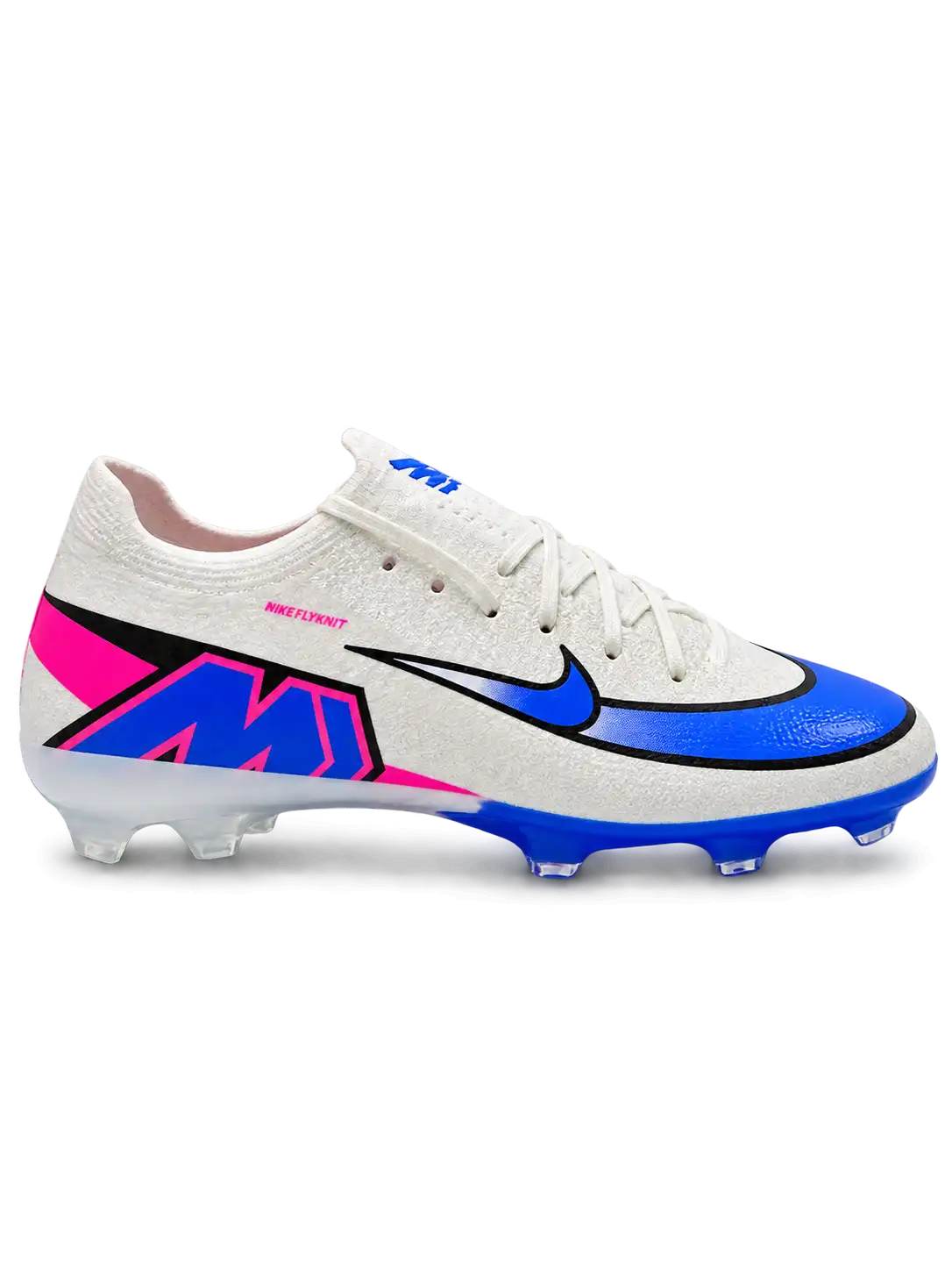 Nike Mercurial/マーキュリアル FG ホワイトのサッカースパイク、ブルーのグラデーションスウッシュとかかとのMロゴ