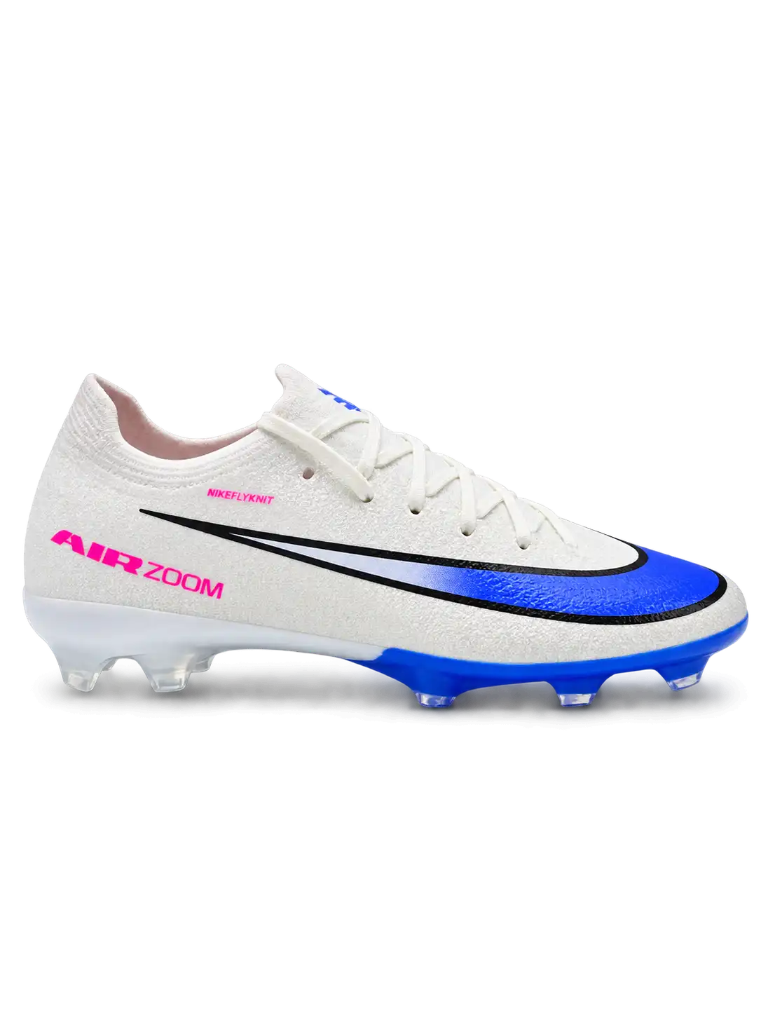 Nike Mercurial/マーキュリアル FG ホワイトのサッカースパイク、ブルーのグラデーションスウッシュとかかとのMロゴ
