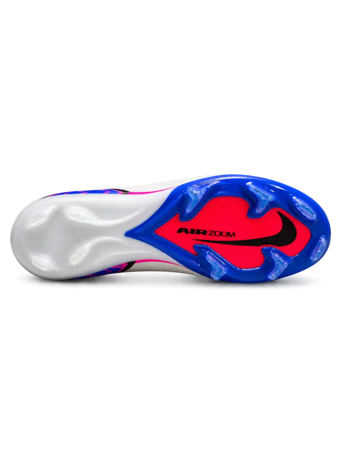 Nike Mercurial/マーキュリアル FG ホワイトのサッカースパイク、ブルーのグラデーションスウッシュとかかとのMロゴ