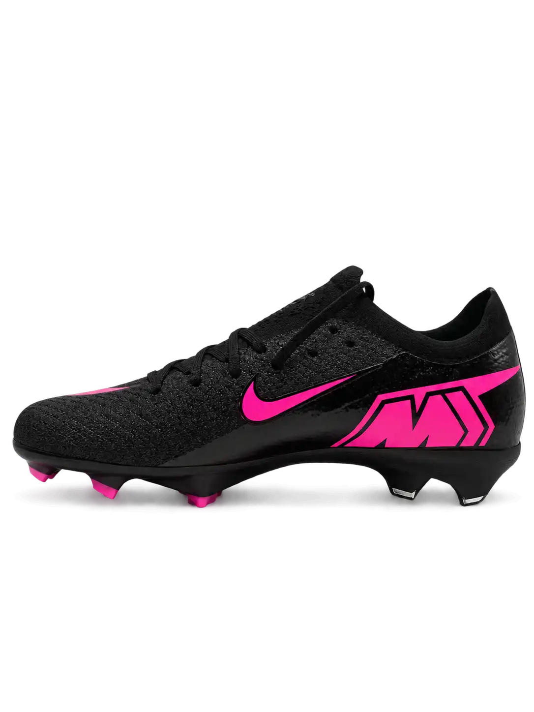 Nike Mercurial/マーキュリアル FG ブラックのサッカースパイク、ピンクのスウッシュとピンクのスタッドを備えたソール面