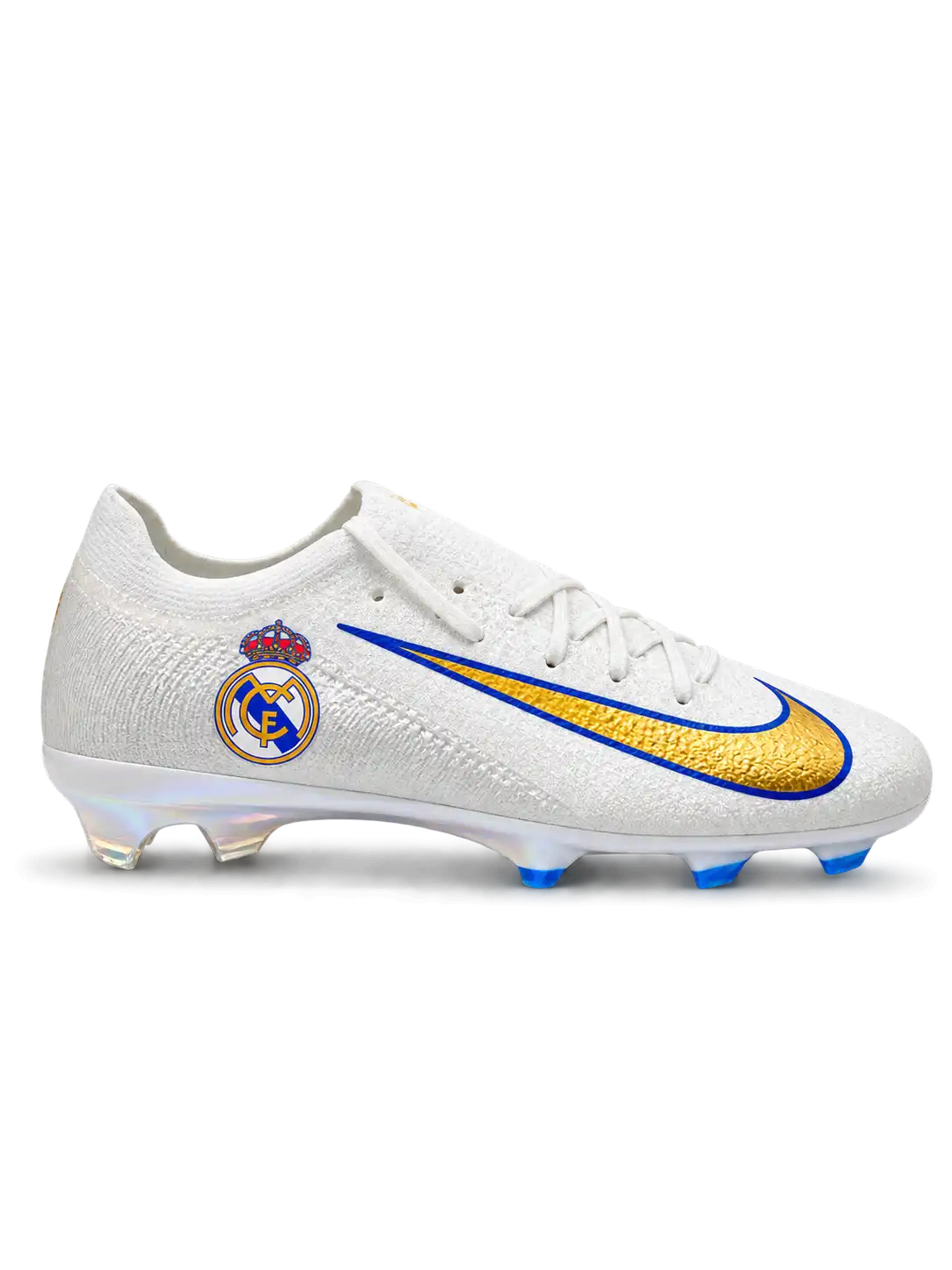 Nike Mercurial/マーキュリアル ホワイトのサッカースパイク、レアル・マドリードのエンブレム、ブルーとゴールドのスウッシュ、虹色の光沢があるソールとブルーのスタッド