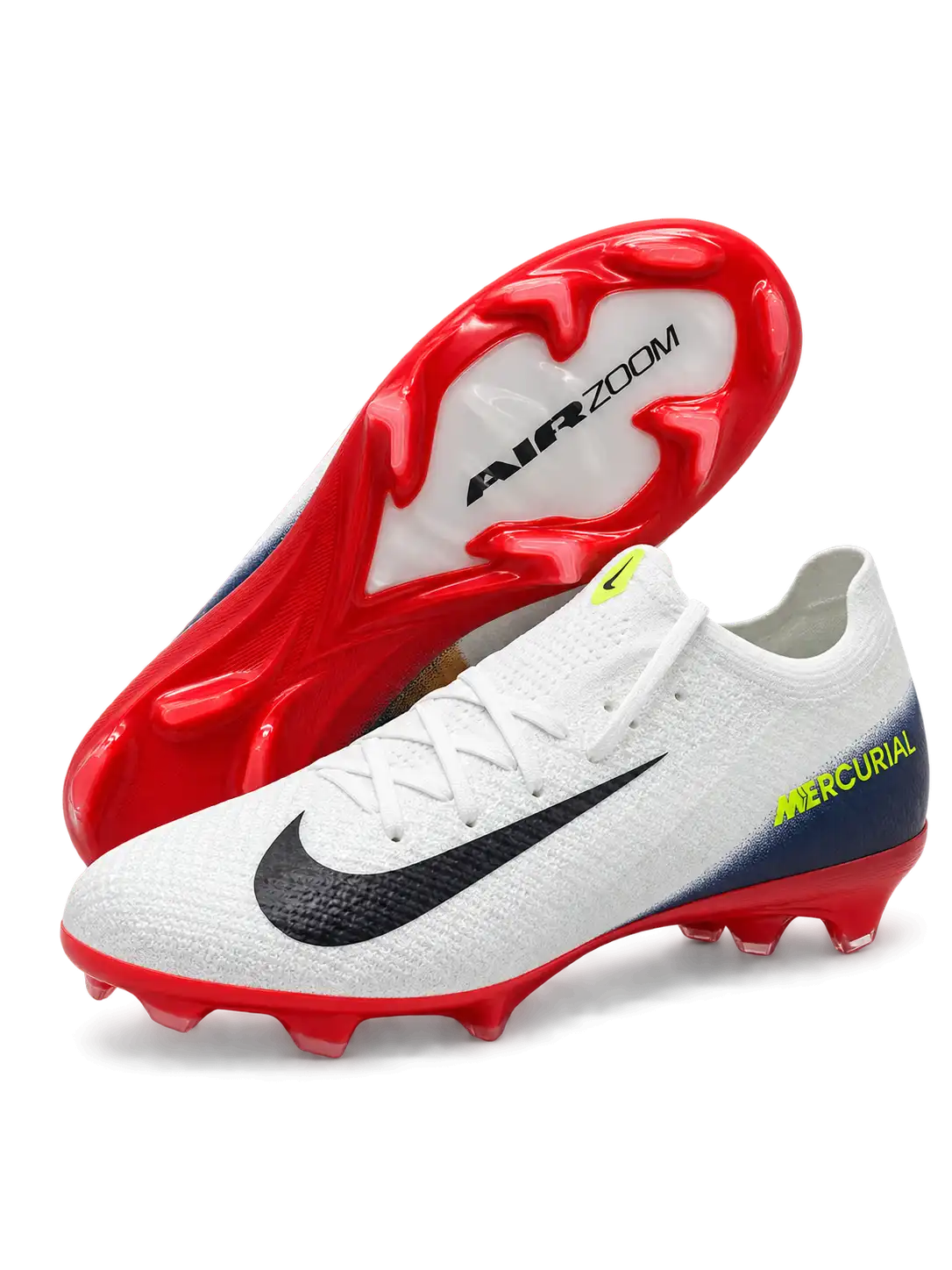 Nike Mercurial/マーキュリアル FG ホワイトのサッカースパイク、ネイビーのスウッシュとレッドのソールプレート