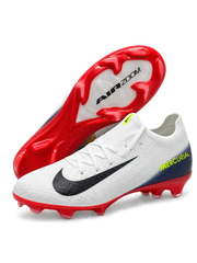Nike Mercurial/マーキュリアル FG ホワイトのサッカースパイク、ネイビーのスウッシュとレッドのソールプレート