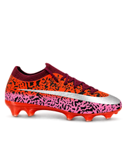 Nike Mercurial/マーキュリアル FG オレンジとピンクのサファリ柄サッカースパイク、シルバーのスウッシュとレッドのソールプレート