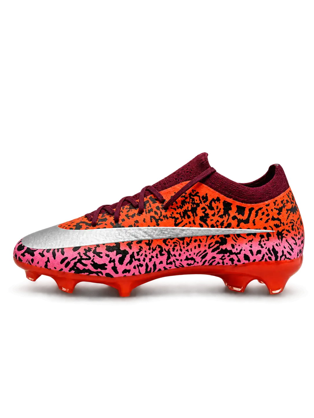 Nike Mercurial/マーキュリアル FG オレンジとピンクのサファリ柄サッカースパイク、シルバーのスウッシュとレッドのソールプレート